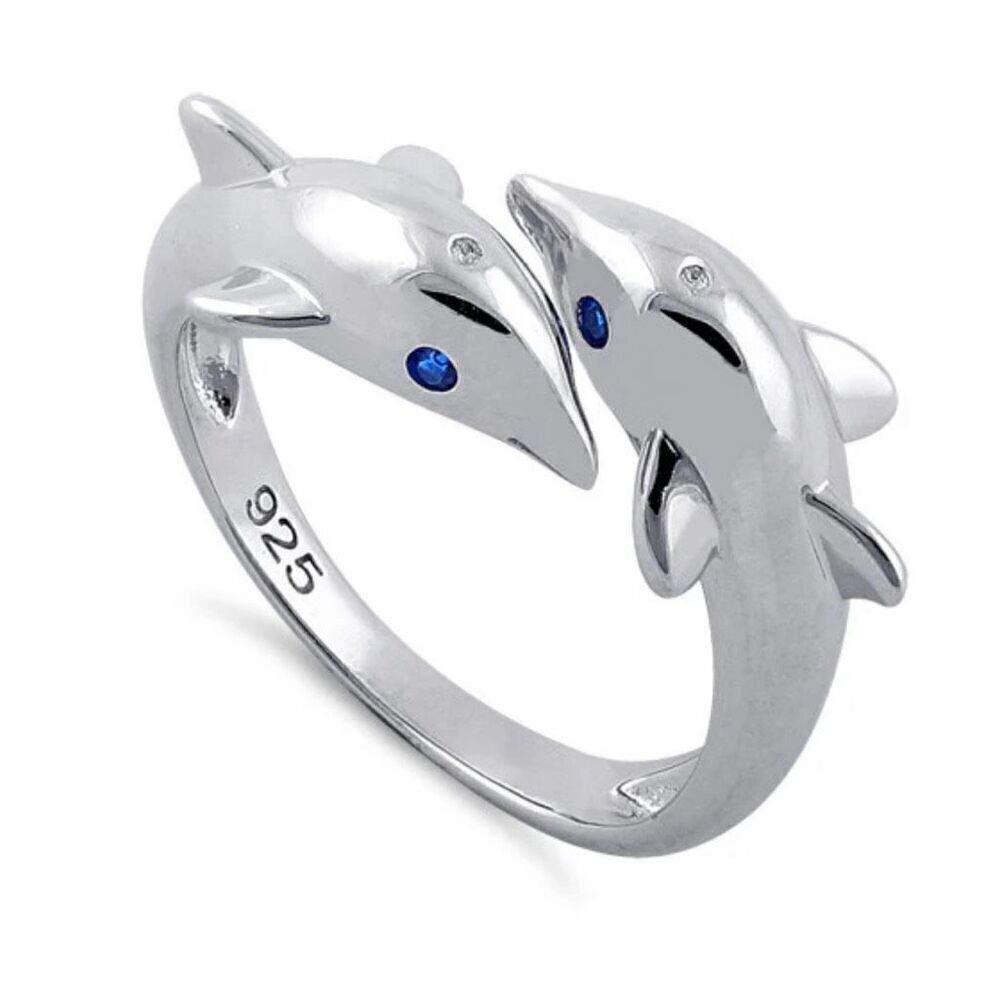 Sterling Silver Twin Dolphin Blue CZ Ring New